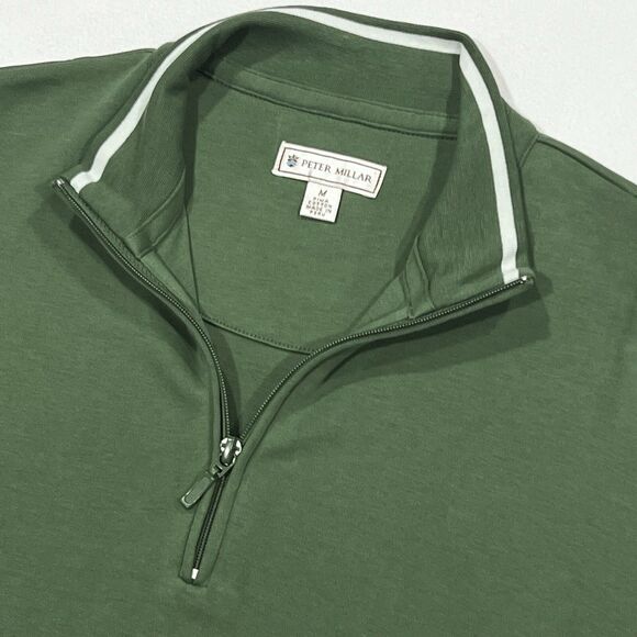 Peter Millar Men Green Pima Cotton Sweater 1/4 Zip‎ Pullover Logo Size Medium - Picture 1 of 11